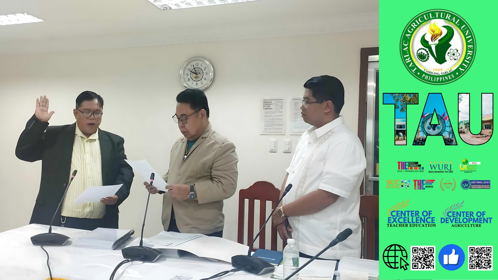 𝐂𝐀𝐏𝐓𝐔𝐑𝐄𝐃 𝐈𝐍 𝐋𝐄𝐍𝐒 | The chairman and members of the Tarlac Agricultural University - Board of Regents (TAU-BOR) formally accept the new Faculty Regent during the Swearing-In Ceremony at the Pampanga State Agricultural University (PSAU), 18 July.