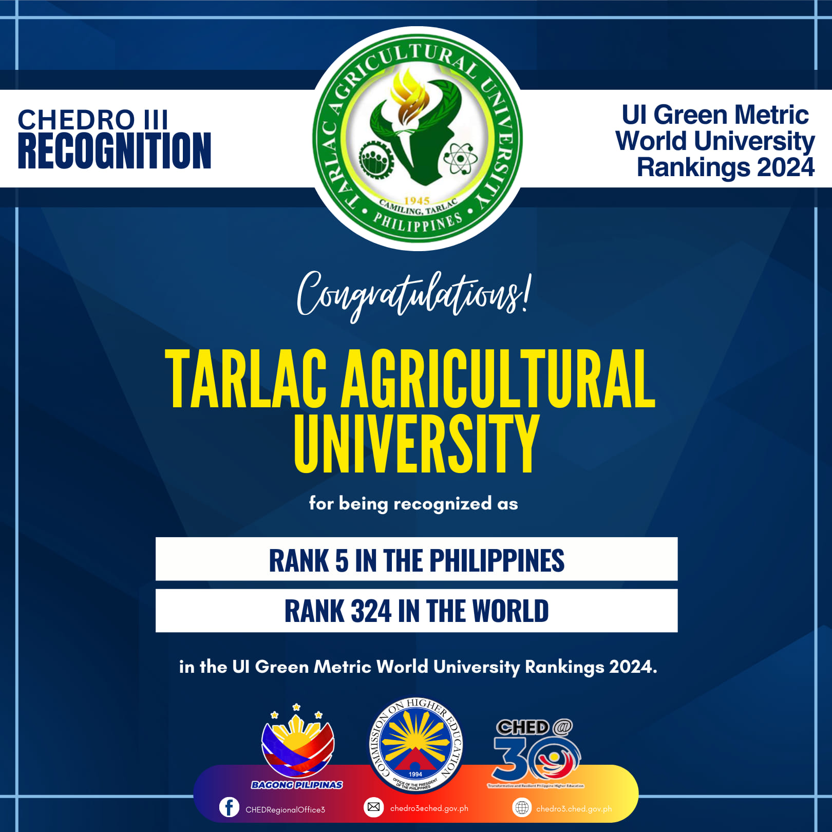 𝐒𝐏𝐎𝐓𝐋𝐈𝐆𝐇𝐓 | CHEdRO III commends TAU for earning a spot in the Philippines list of UI Greenmetric World University Rankings